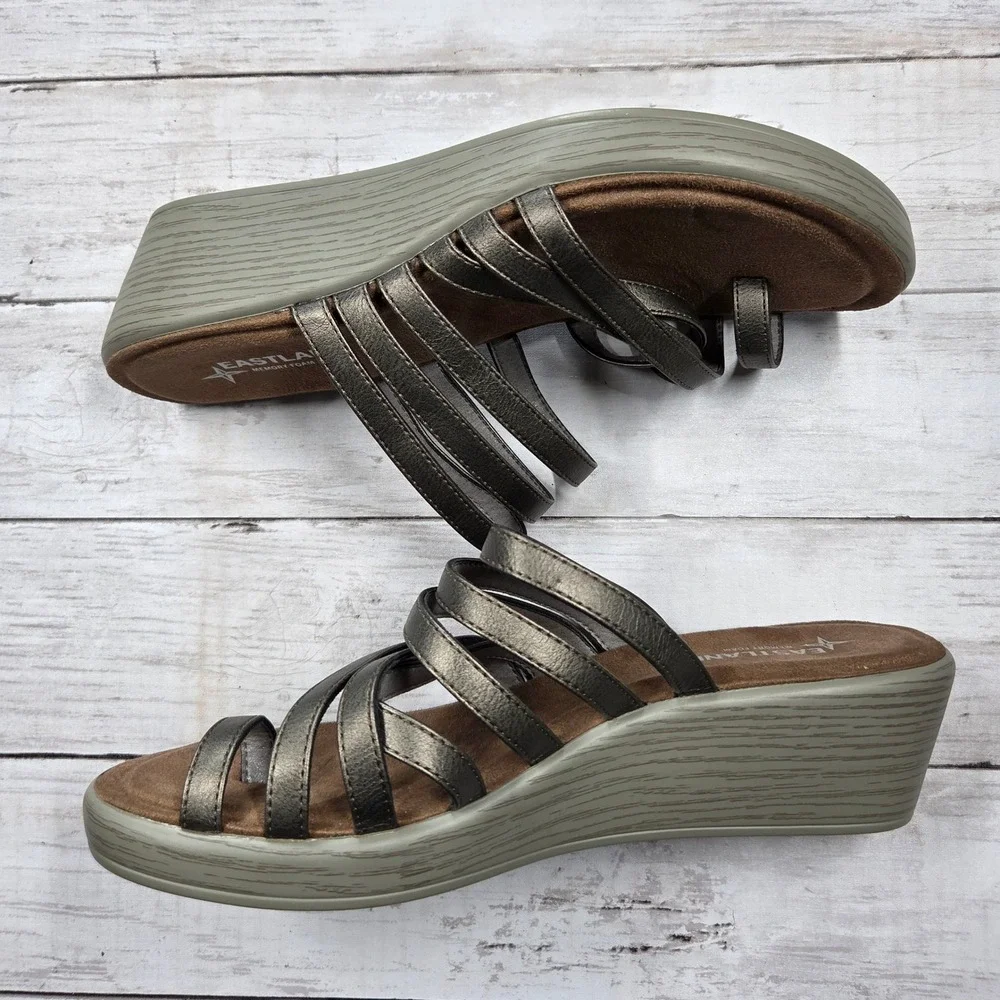 Eastland‎ Wedge Sandals Women 10W Pewter Florence Strappy Metallic Memory Foam